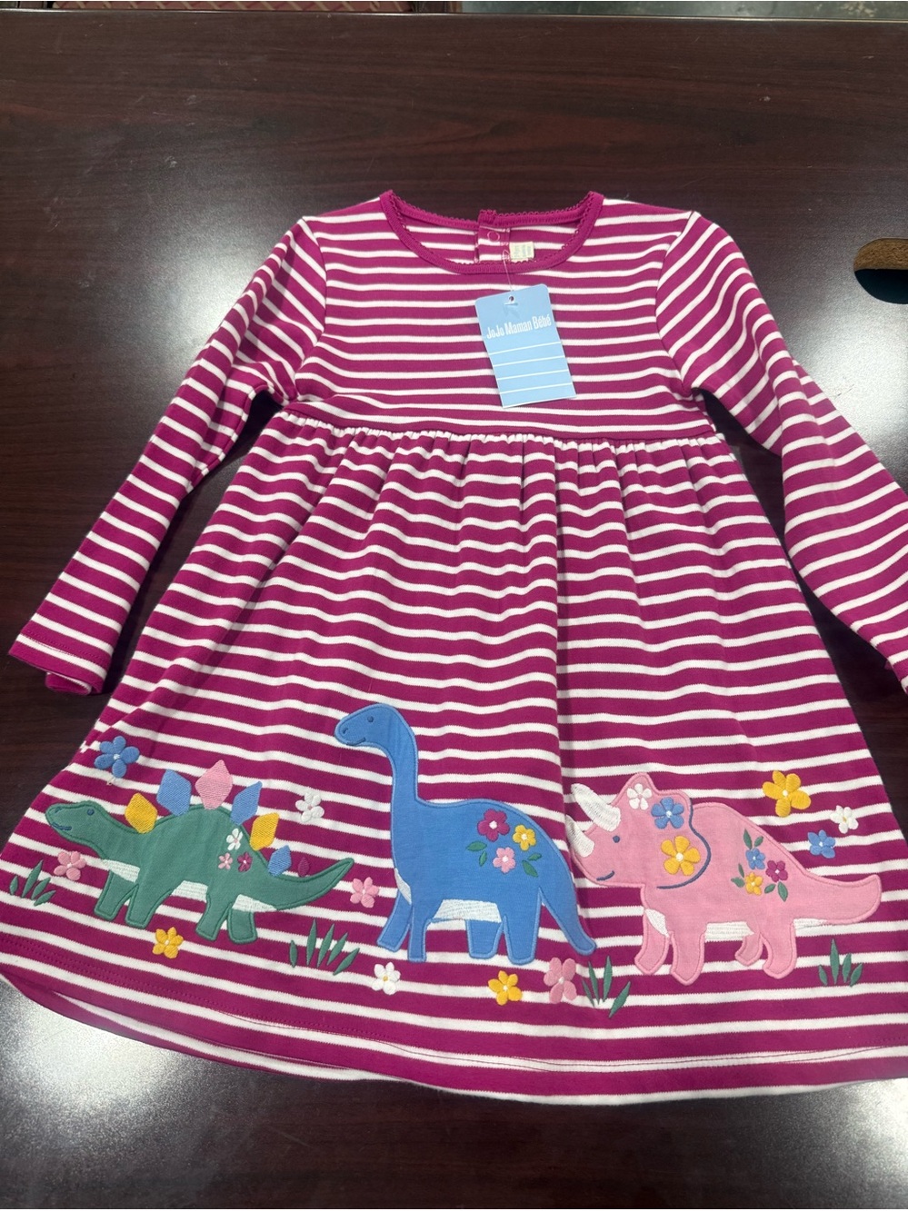JoJo Maman Bebe Magenta and White Striped Dress with Colorful Dinosaur Appliqués